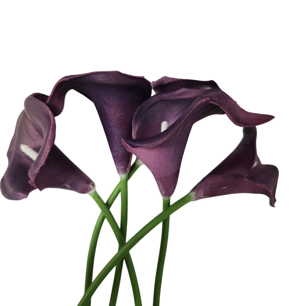Deep Plum Calla Lily Stems Set of 5, 14 Inch Artificial Flowers, Wired Faux Florals for Wreaths Wedding Decor