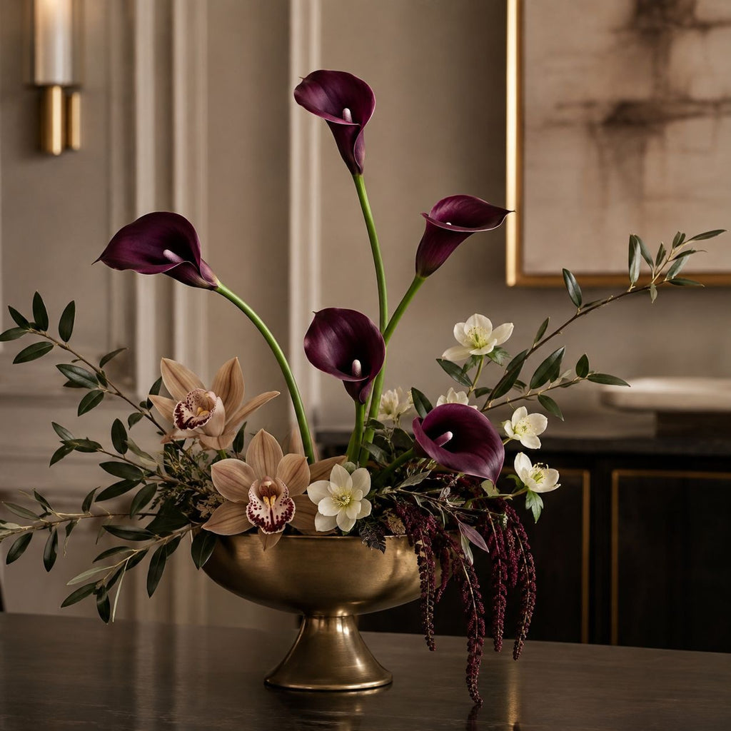 Deep Plum Calla Lily Stems Set of 5, 14 Inch Artificial Flowers, Wired Faux Florals for Wreaths Wedding Decor