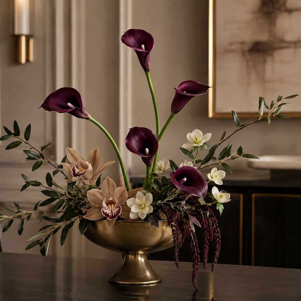Deep Plum Calla Lily Stems Set of 5, 14 Inch Artificial Flowers, Wired Faux Florals for Wreaths Wedding Decor