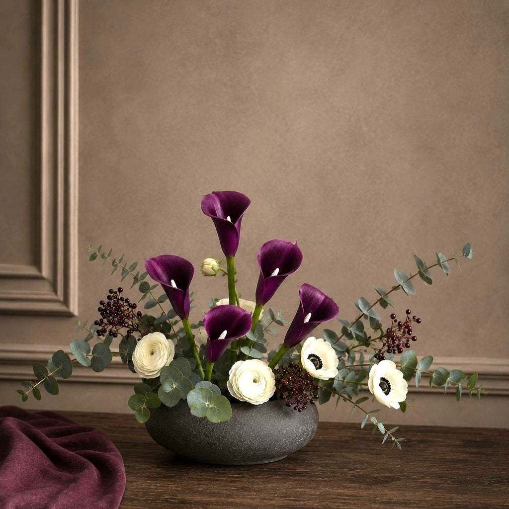 Deep Plum Calla Lily Stems Set of 5, 14 Inch Artificial Flowers, Wired Faux Florals for Wreaths Wedding Decor