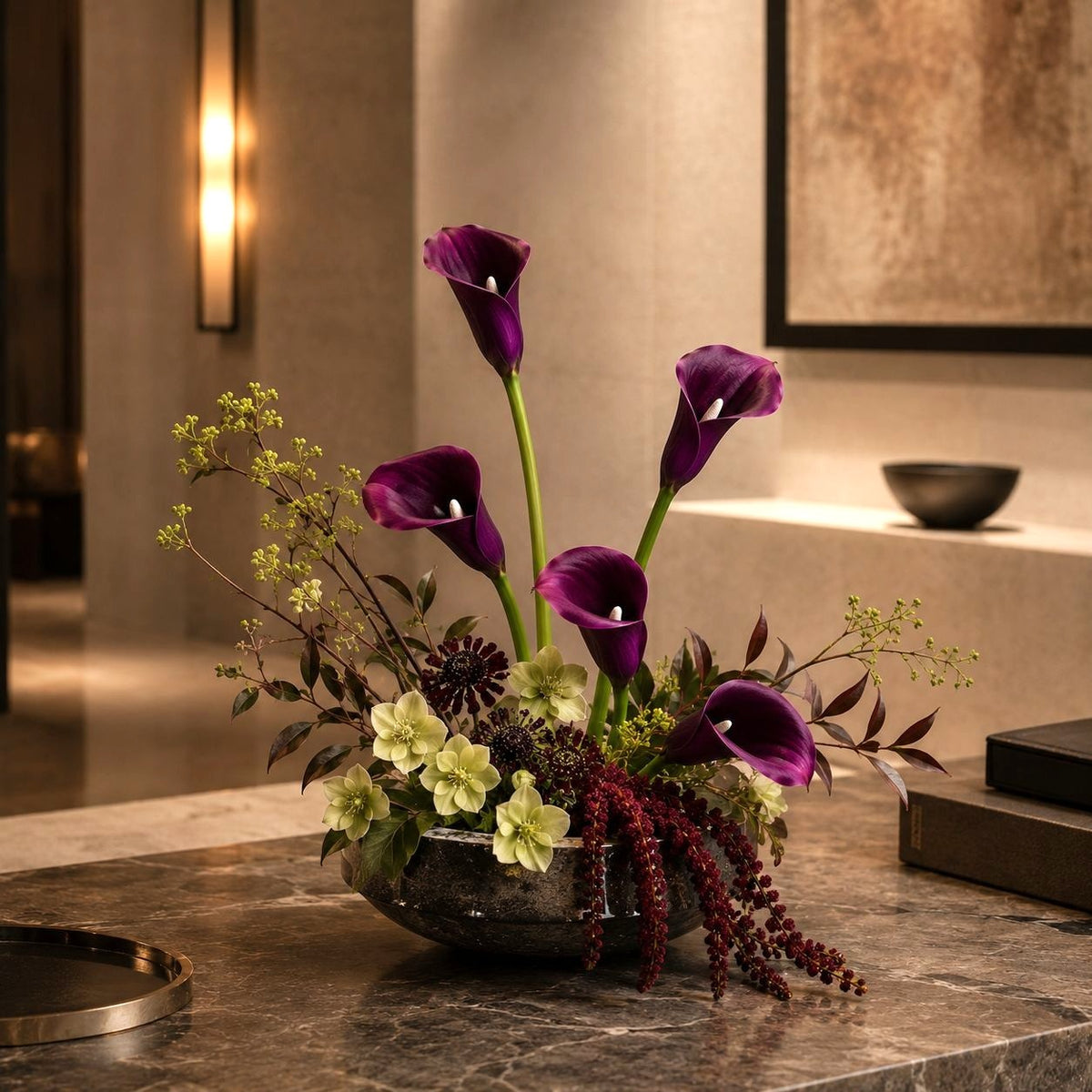 Deep Plum Calla Lily Stems Set of 5, 14 Inch Artificial Flowers, Wired Faux Florals for Wreaths Wedding Decor