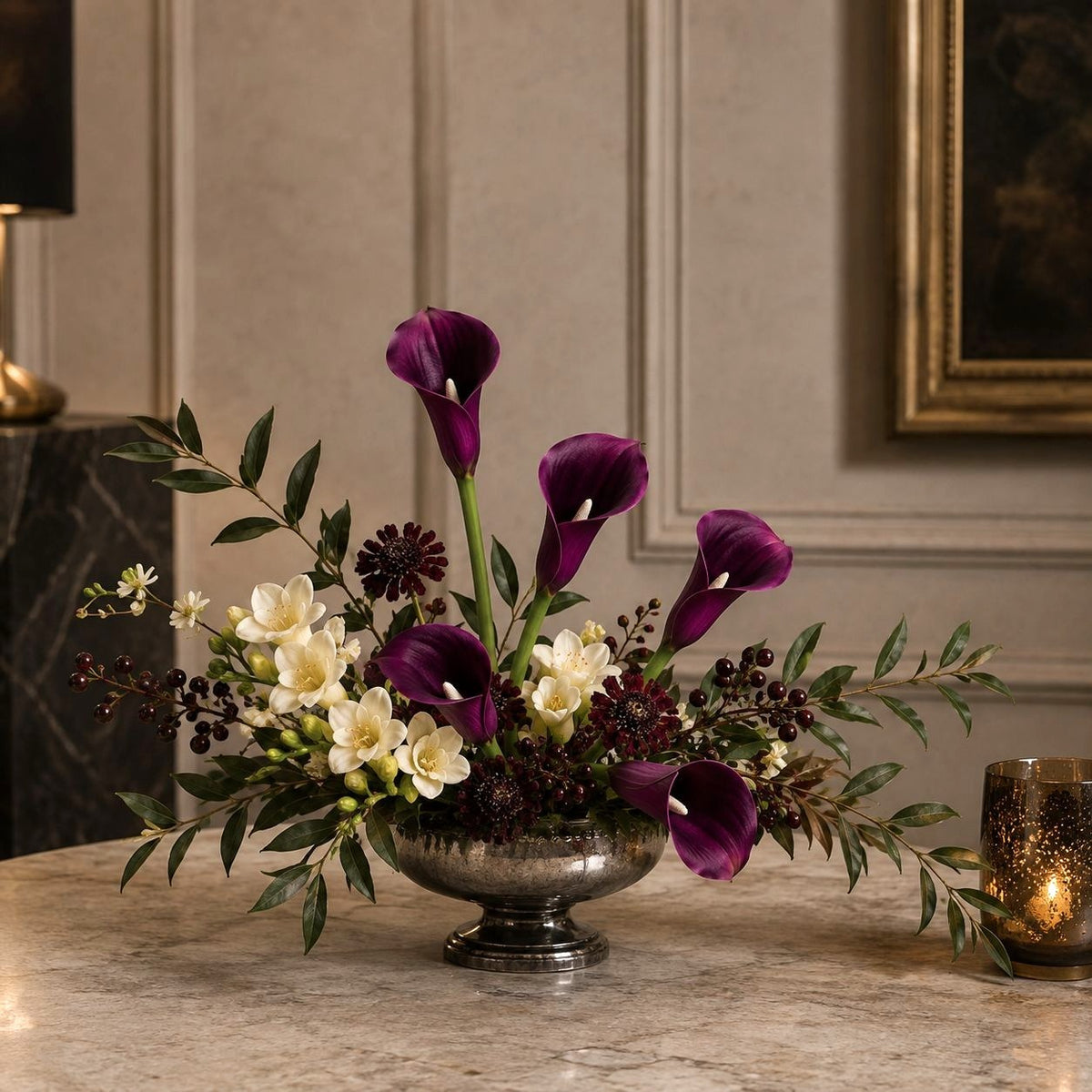 Deep Plum Calla Lily Stems Set of 5, 14 Inch Artificial Flowers, Wired Faux Florals for Wreaths Wedding Decor