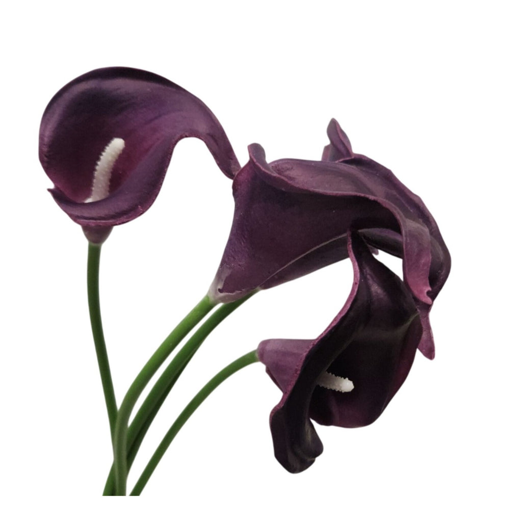 Deep Plum Calla Lily Stems Set of 5, 14 Inch Artificial Flowers, Wired Faux Florals for Wreaths Wedding Decor