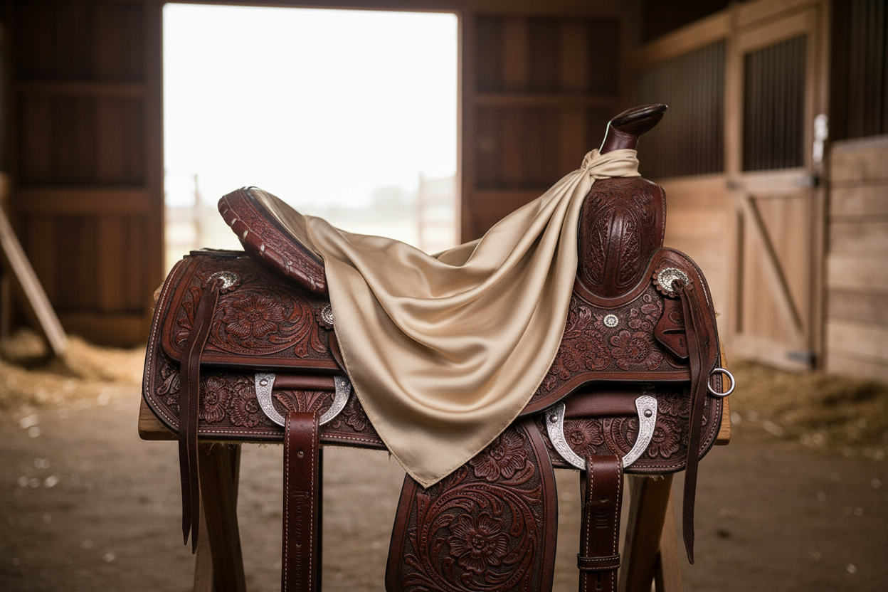 Tan wild rag 23x23 draped over western saddle with tack