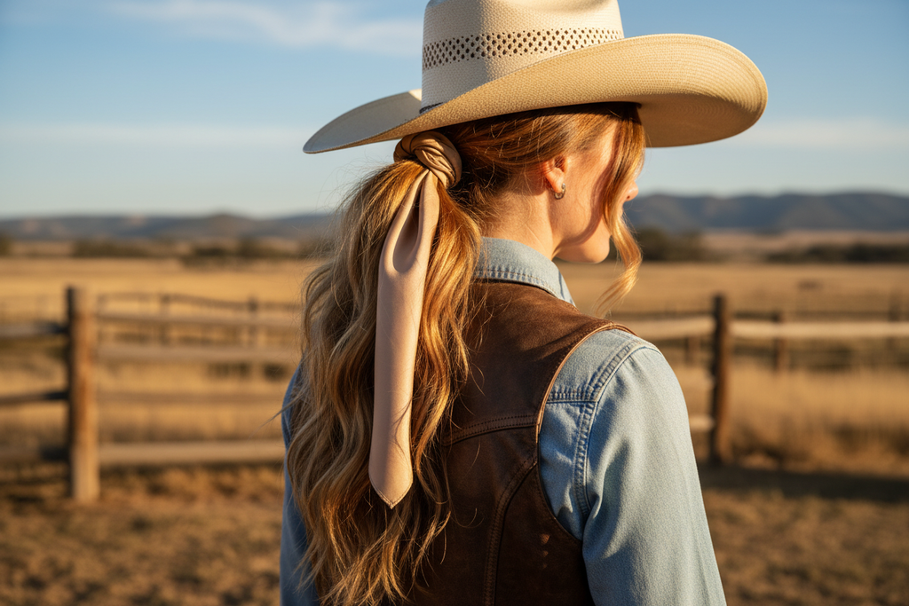 Tan wild rag 23x23 scarf styled as hair tie on cowgirl