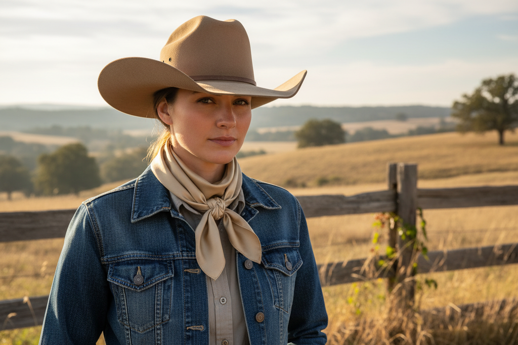 Tan wild rag 23x23 scarf wrapped around cowgirl's neck