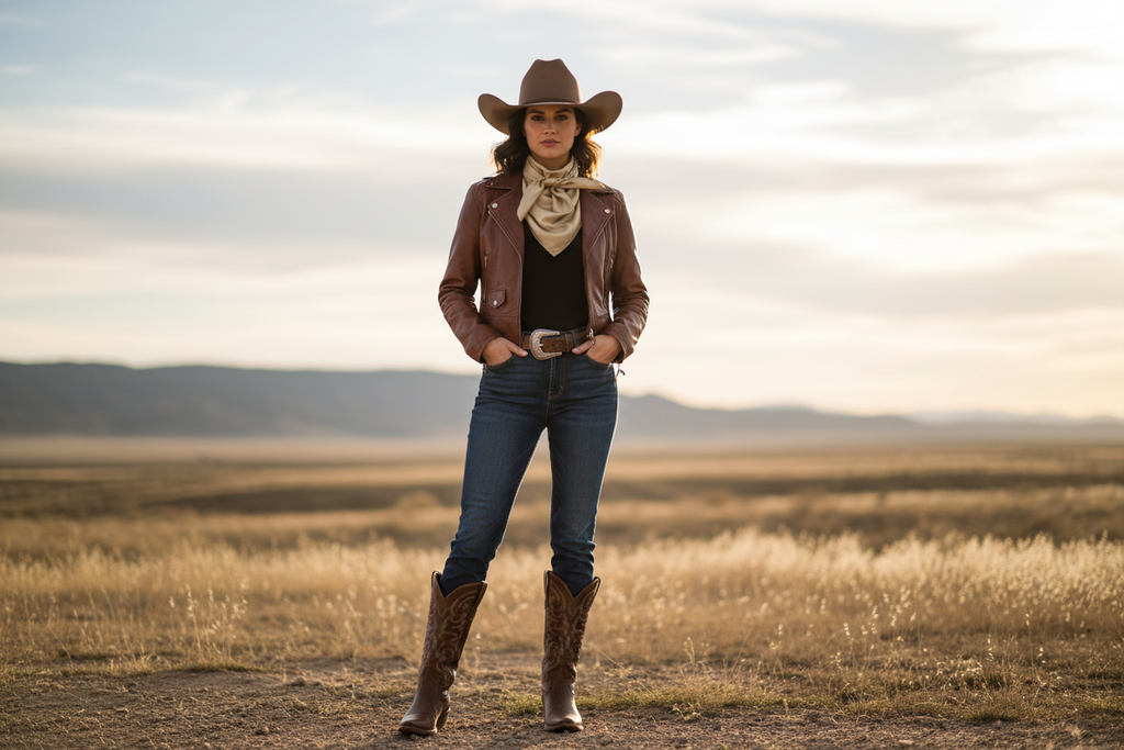 Tan wild rag 23x23 styled with leather jacket and boots