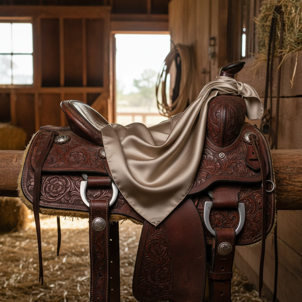 Taupe tan wild rag 23x23 draped over western saddle with tack