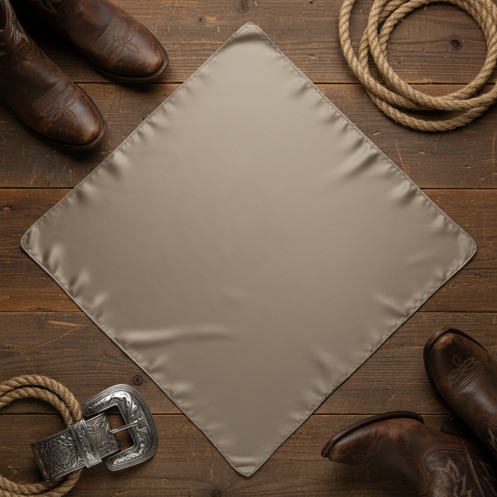 Taupe tan wild rag 23x23 laid flat in square shape with western accessories