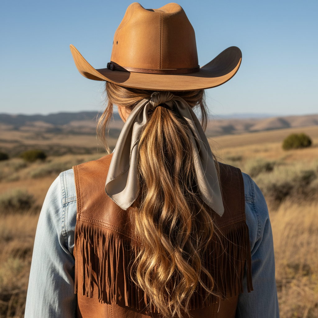 Taupe tan wild rag 23x23 scarf styled as hair tie on cowgirl