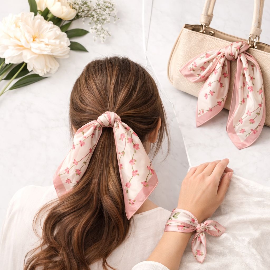 Pink Floral Satin Scarf 20x20 Women's Hair Tie Neck Wrist Wrap
