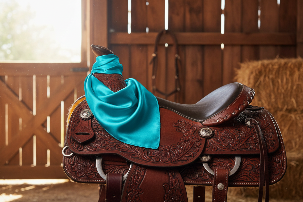 Teal blue wild rag 23x23 draped over western saddle with tack