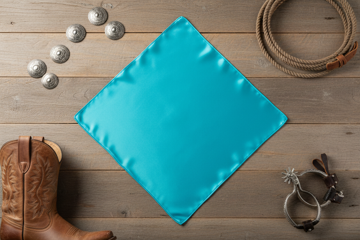 Teal blue wild rag 23x23 laid flat in square shape with western accessories