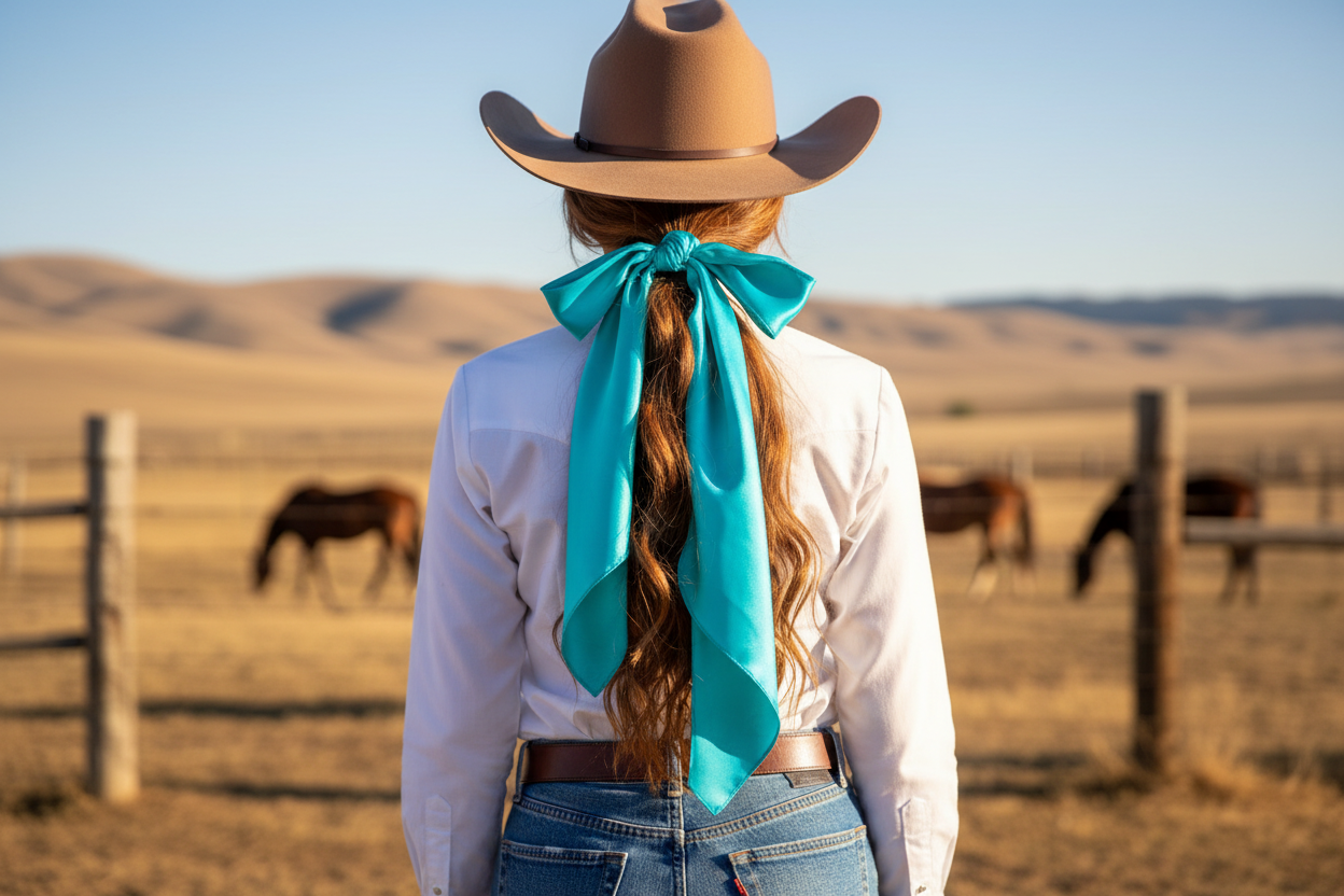 Teal blue wild rag 23x23 scarf styled as hair tie on cowgirl
