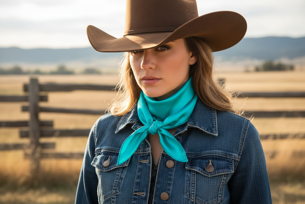 Teal blue wild rag 23x23 scarf wrapped around cowgirl's neck