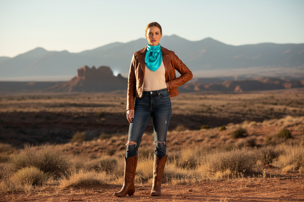 Teal blue wild rag 23x23 styled with leather jacket and boots