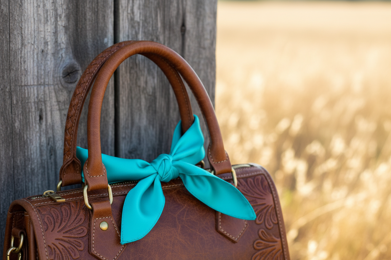 Teal blue wild rag 23x23 tied on western leather purse