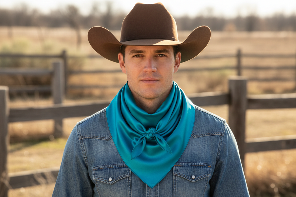 Teal blue wild rag scarf tied in front around cowboy's neck