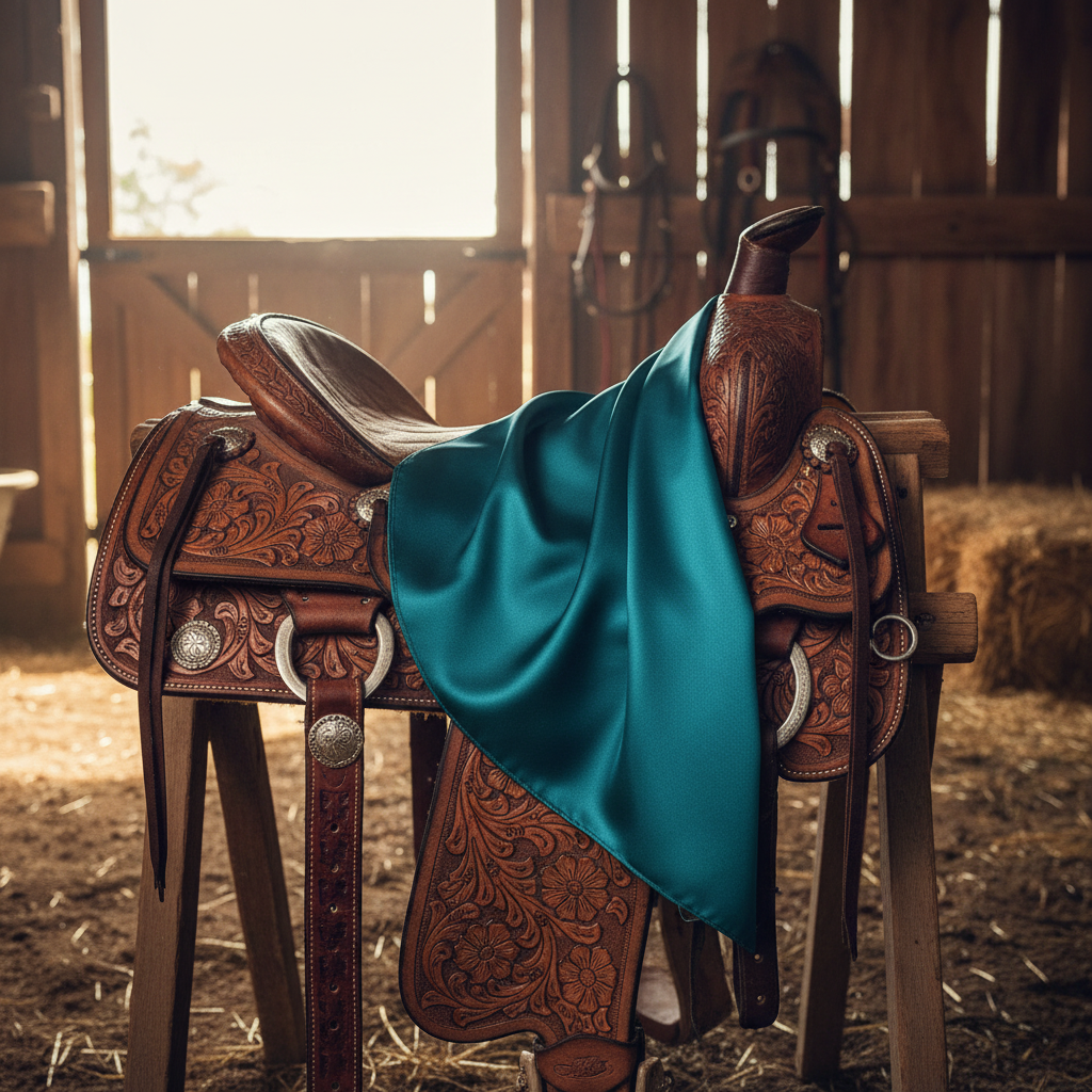 Teal wild rag draped over western saddle with tack