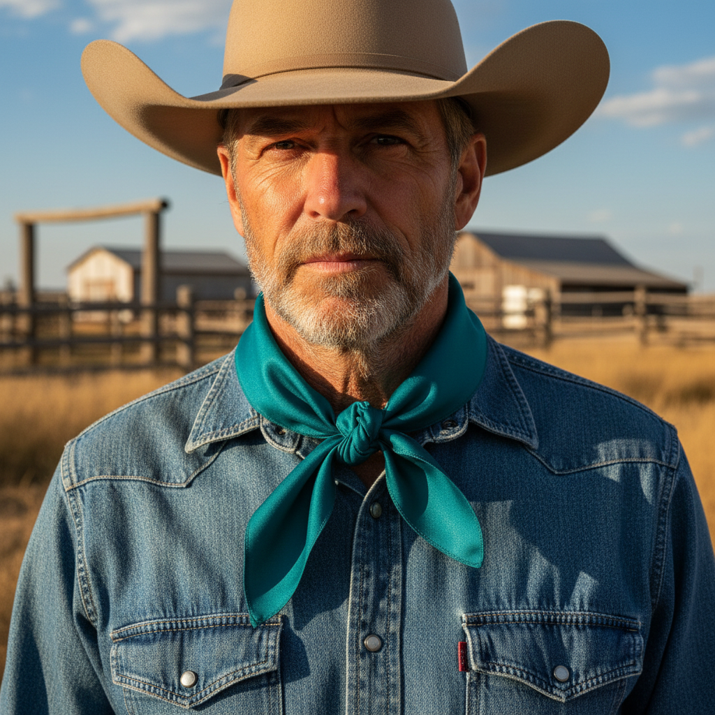 Teal wild rag scarf tied in front with visible knot on cowboy
