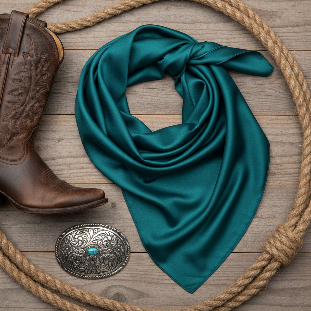Teal wild rag styled flat lay with western accessories