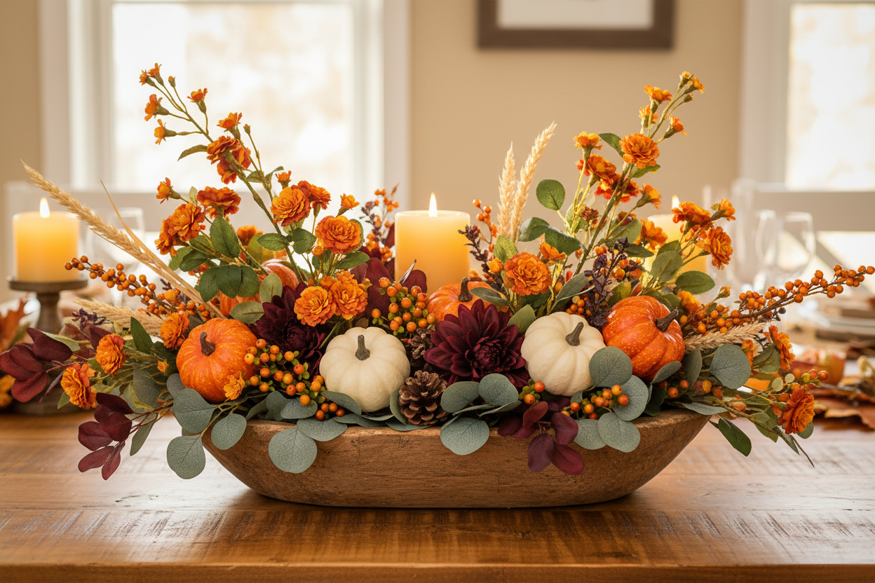 Thanksgiving Dough Bowl Centerpiece — Pumpkins, Wheat, Amber Orange Sprays