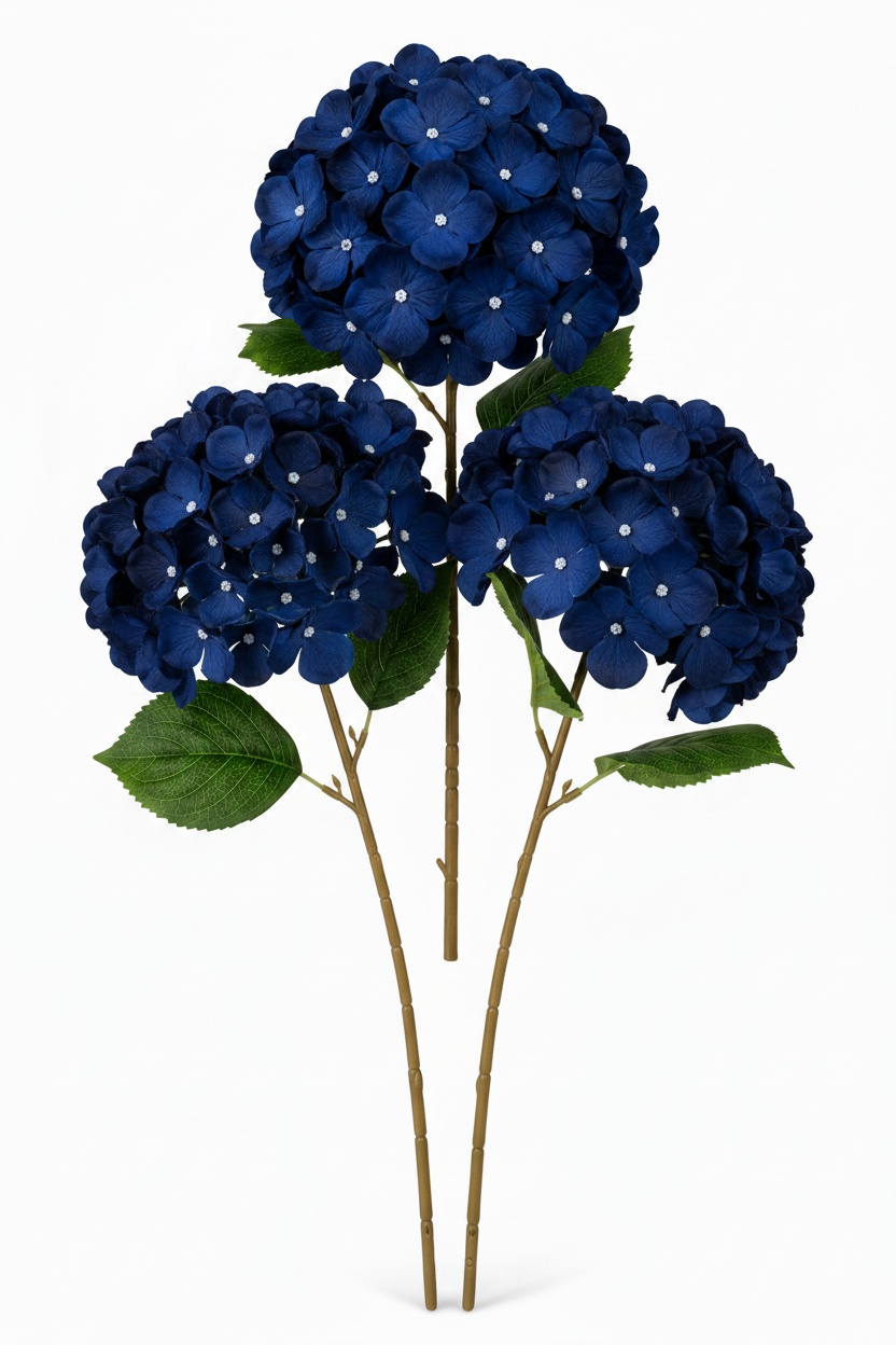 Three Navy Blue Hydrangea Stems - White Background