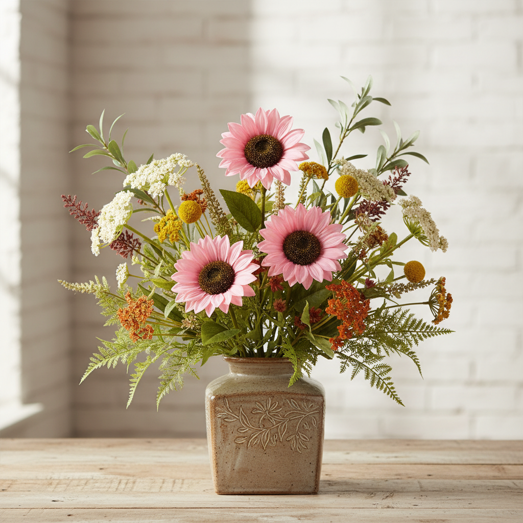Three pink artificial flowers in a loose wildflower arrangement