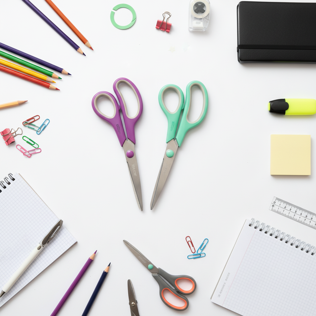 Three scissors arranged with school and office supplies