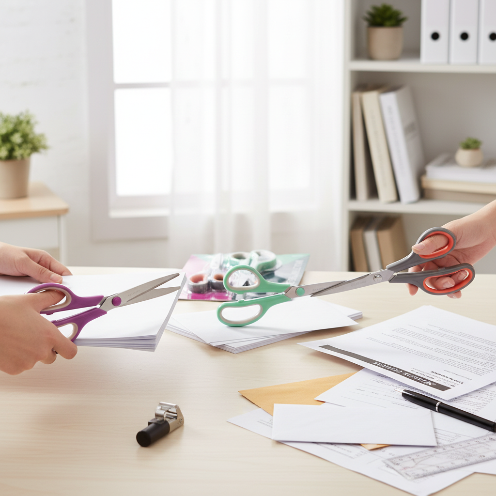 Three scissors on desk with office supplies