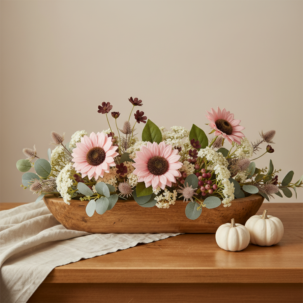 Tighter fuller dough-bowl arrangement with three pink blooms and white pumpkins