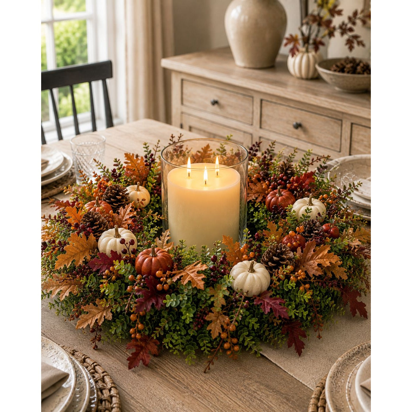 15 Inch Artificial Boxwood Wreath or Candle Ring, Faux Greenery Base for Table Centerpiece and Seasonal Decor
