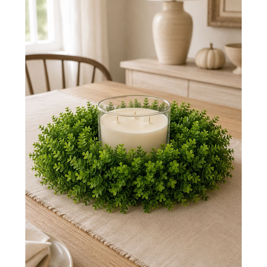 15 Inch Artificial Boxwood Wreath or Candle Ring, Faux Greenery Base for Table Centerpiece and Seasonal Decor