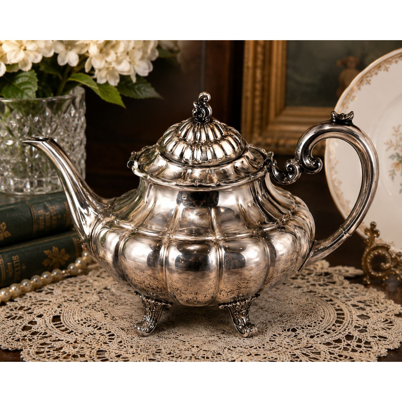 Vintage Reed and Barton Holiday 7050 Silver Plated Teapot, Footed Victorian Style Tea Pot, Made in USA Silverplate