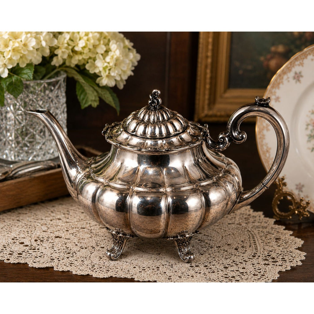 Vintage Reed and Barton Holiday 7050 Silver Plated Teapot, Footed Victorian Style Tea Pot, Made in USA Silverplate