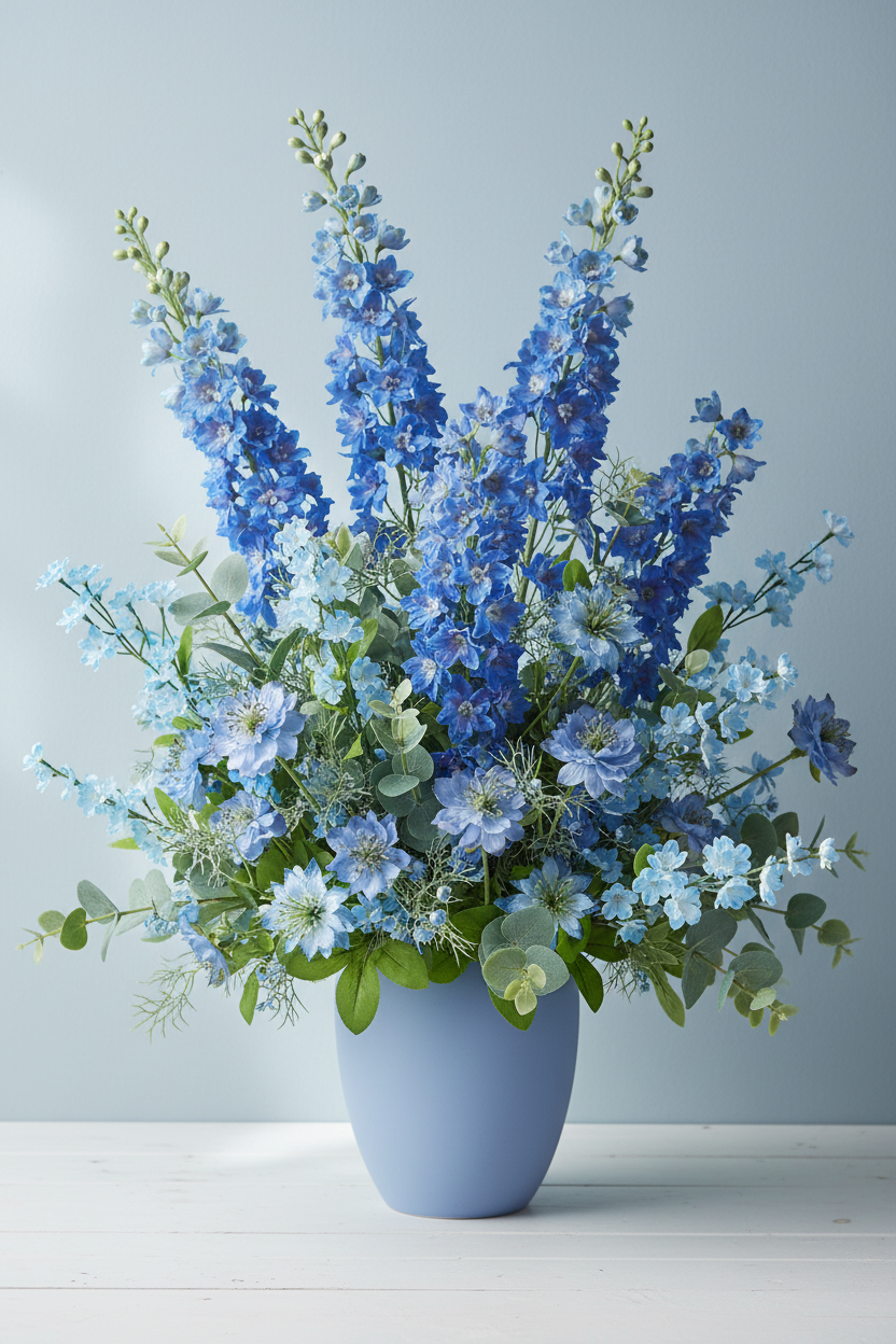 Tone on Tone Blue — Fuller Arrangement, More Delphinium, Scabiosa, Nigella
