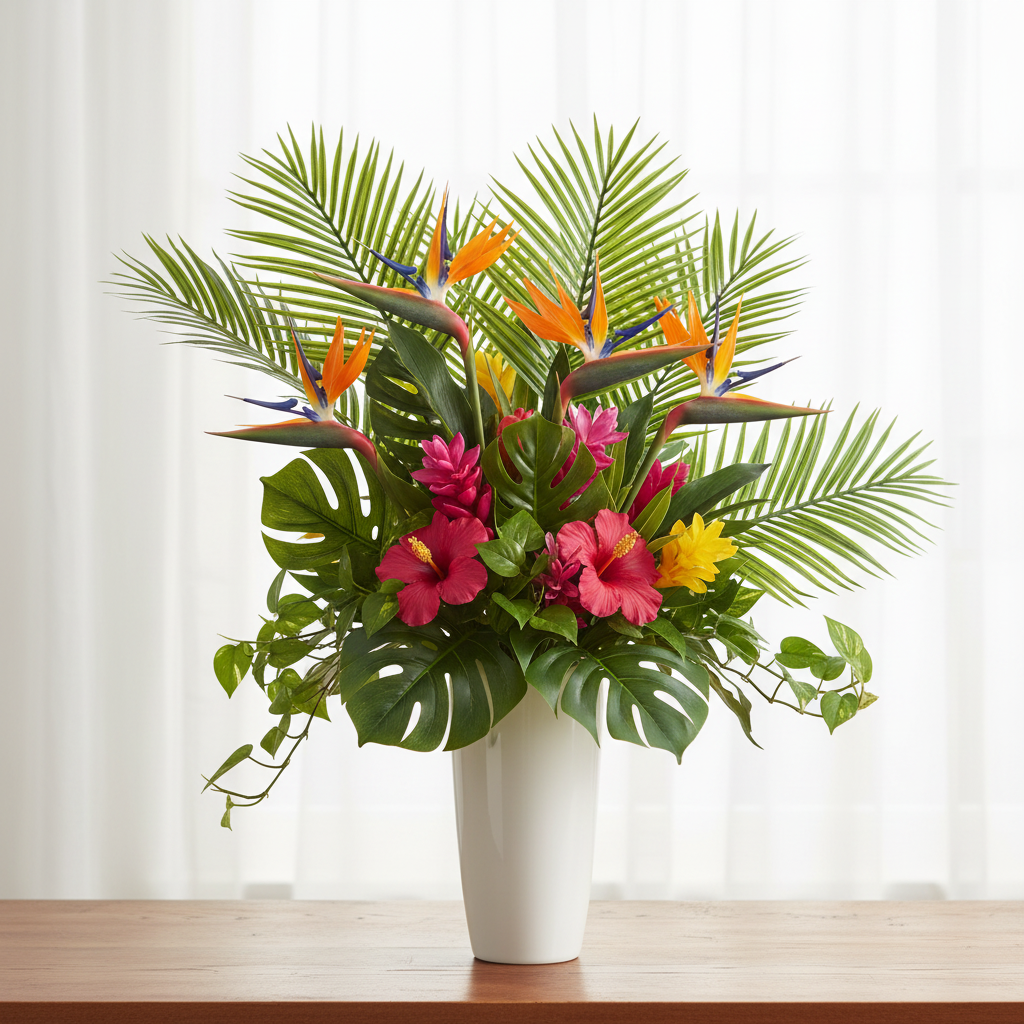 Tropical Arrangement with Birds of Paradise - Palm Leaf Stems