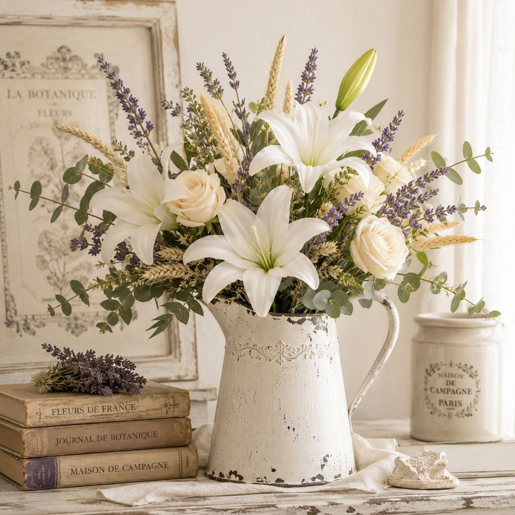 White Lily Stems Real Touch Flowers Artificial Lily Spray Faux White Lilies Wedding Flowers Farmhouse Decor Set of 2