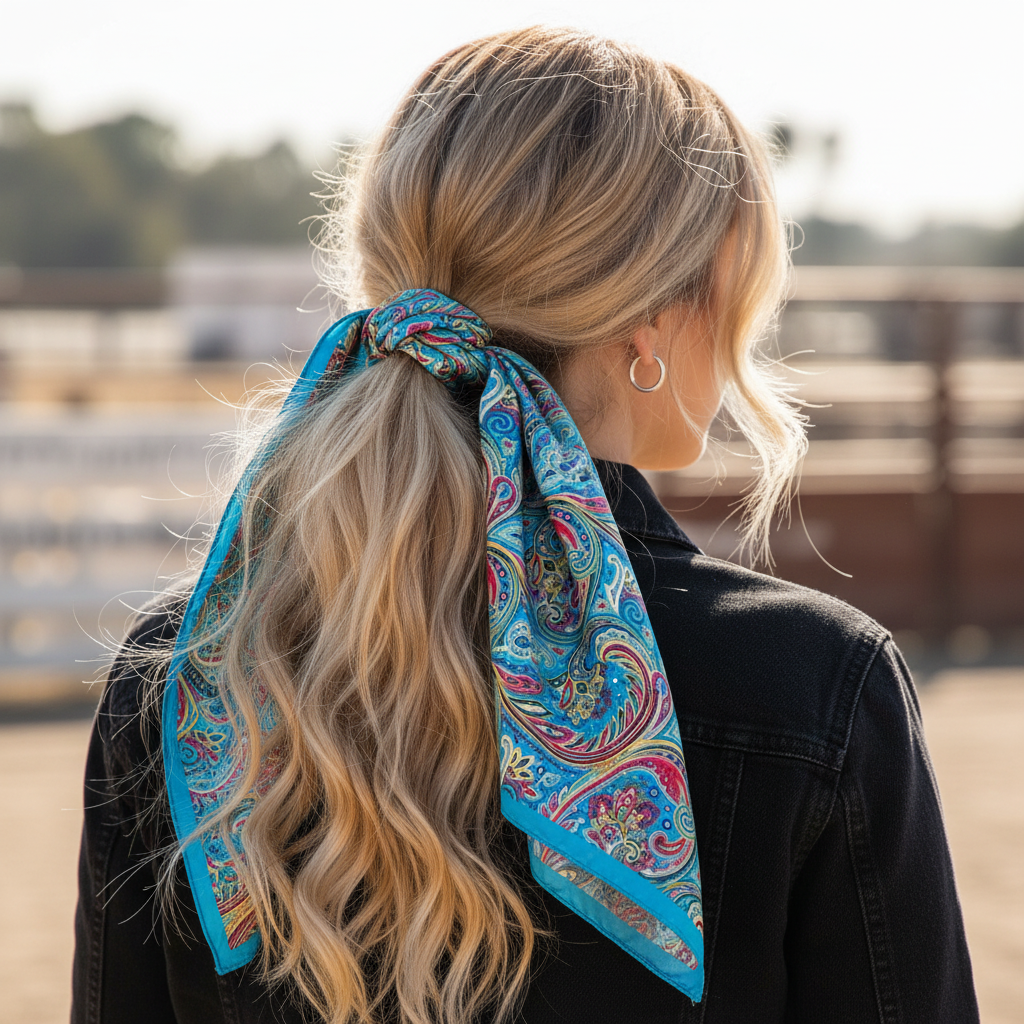 Turquoise paisley scarf tied in long blonde wavy hair