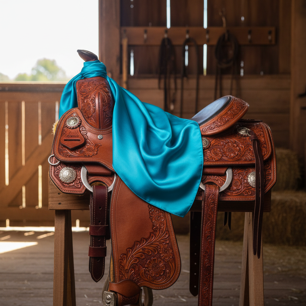 Turquoise wild rag 23x23 draped over western saddle with tack