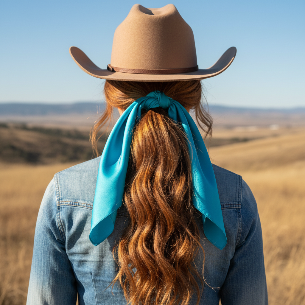 Turquoise wild rag 23x23 scarf styled as hair tie on cowgirl