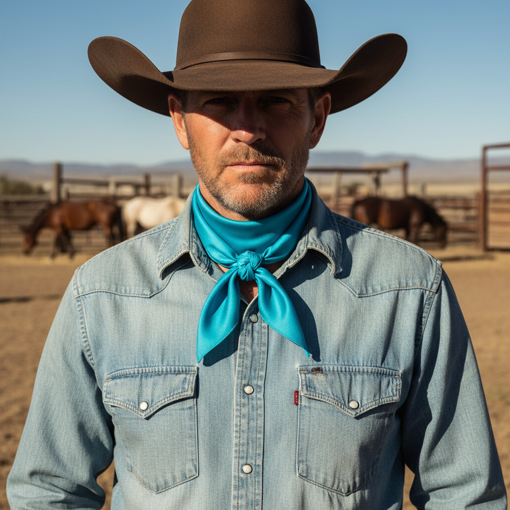 Turquoise wild rag 23x23 scarf tied in front with visible knot on cowboy