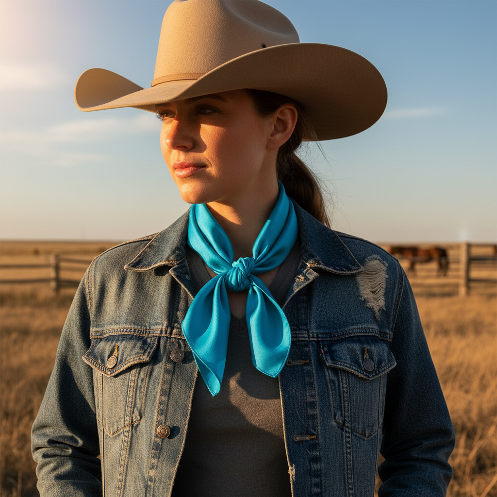Turquoise wild rag 23x23 scarf wrapped around cowgirl's neck