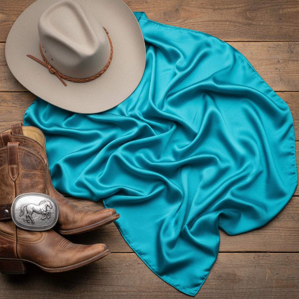 Turquoise wild rag scarf flat lay with western accessories
