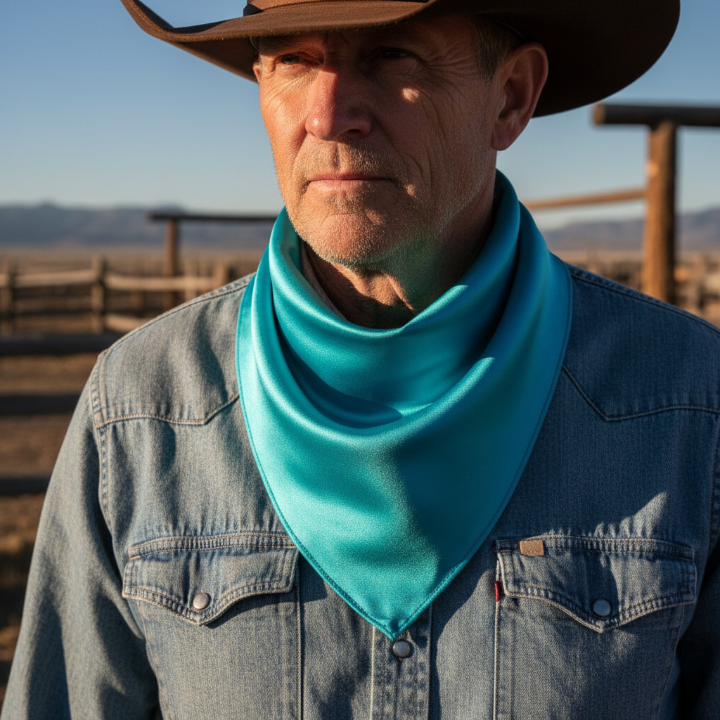Turquoise wild rag scarf with triangular fold worn by cowboy