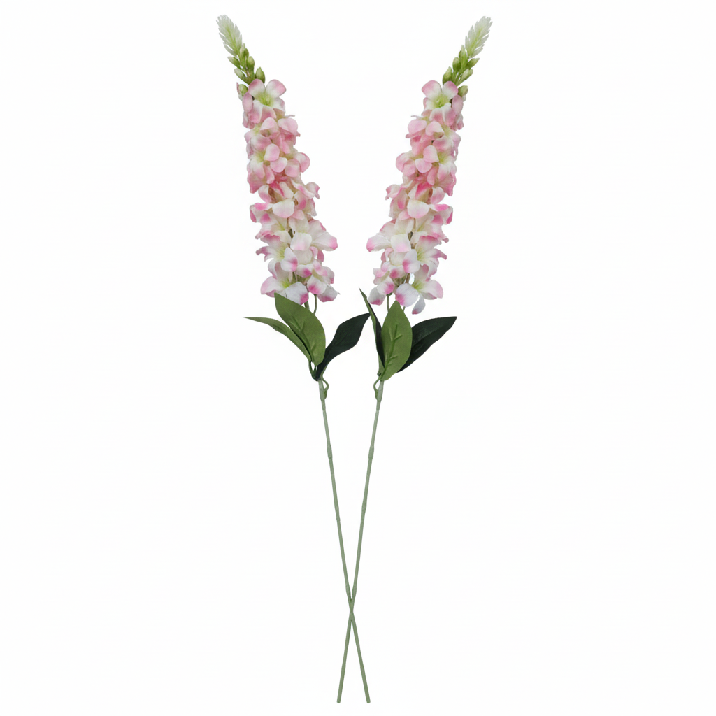 Two identical artificial pink and white snapdragon stems white background main image