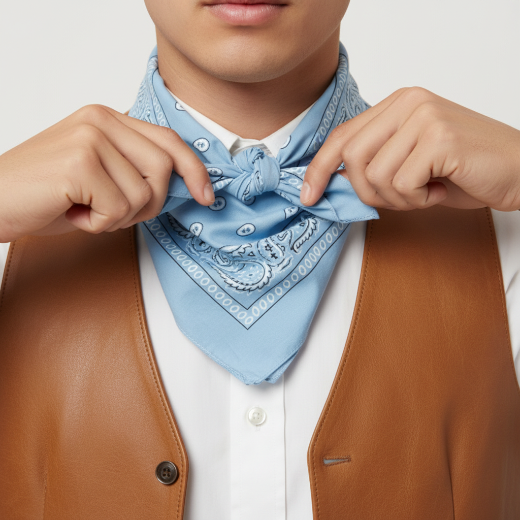 Tying light blue bandana tutorial