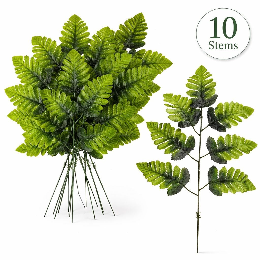 Artificial Fern Stems Greenery Bundle 10 Stems Faux Leather Fern Leaves for Weddings Corsages Boutonnieres Decor