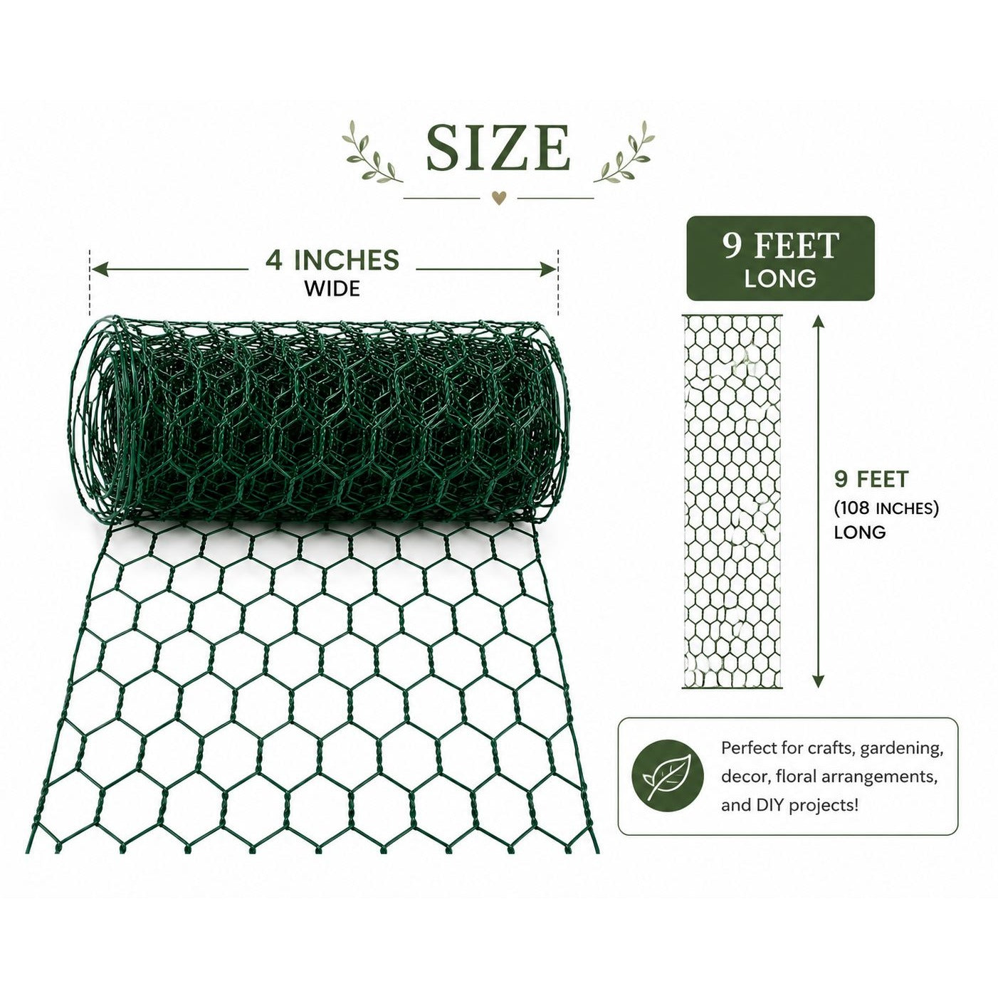 Roll of green chicken wire with dimensions and product description on a white background