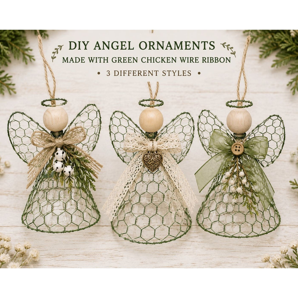 Three DIY angel ornaments made with green chicken wire ribbon on a wooden surface.